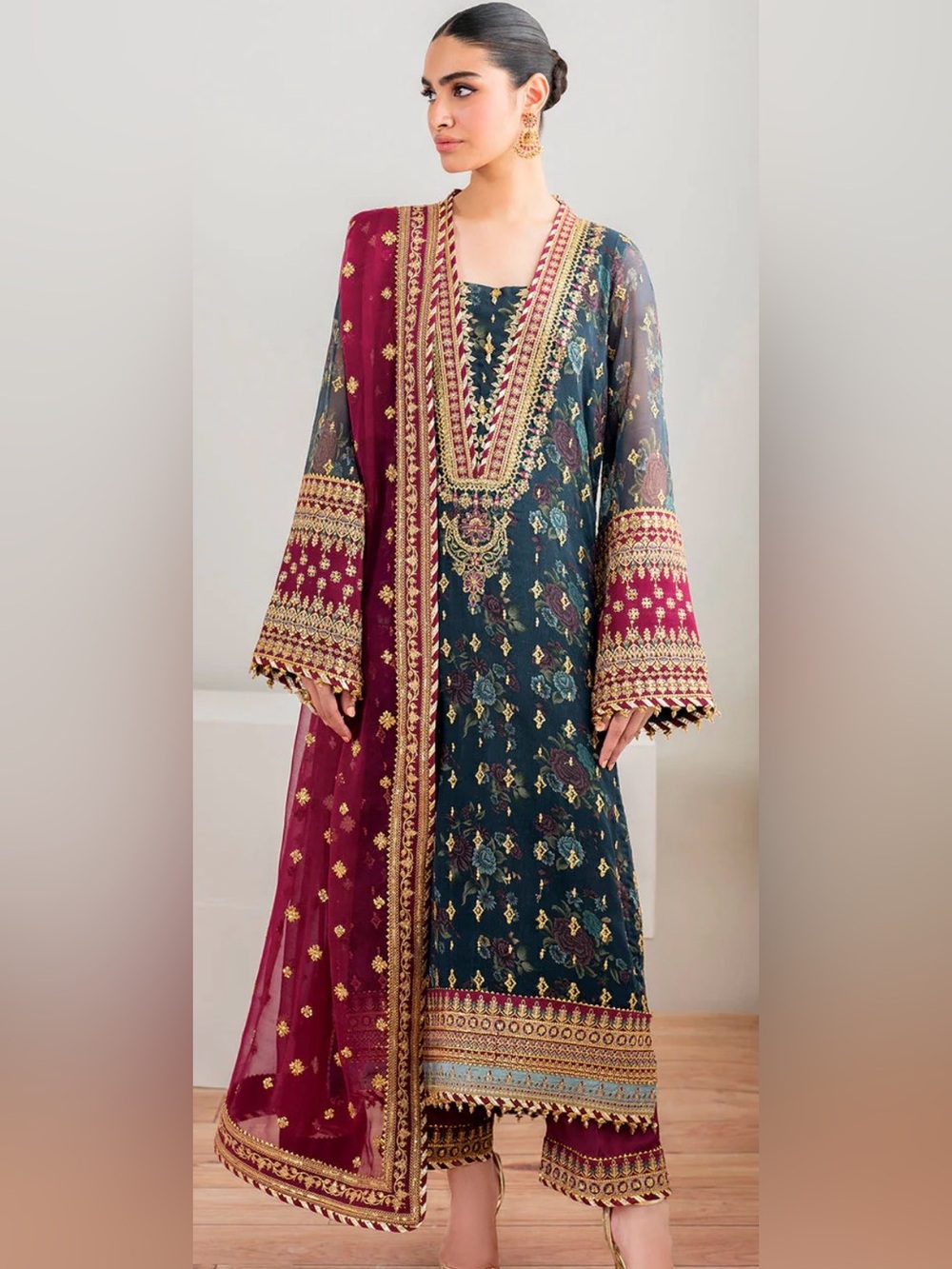 Boutique 9 Teal and Maroon Embroidered chiffon Salwar Kameez
